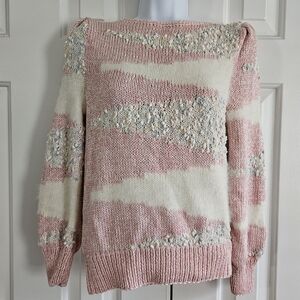3D Knit Womens Vtg Sweater S M Textured Retro Pink Puff Sleeve 80s 90s Pastel